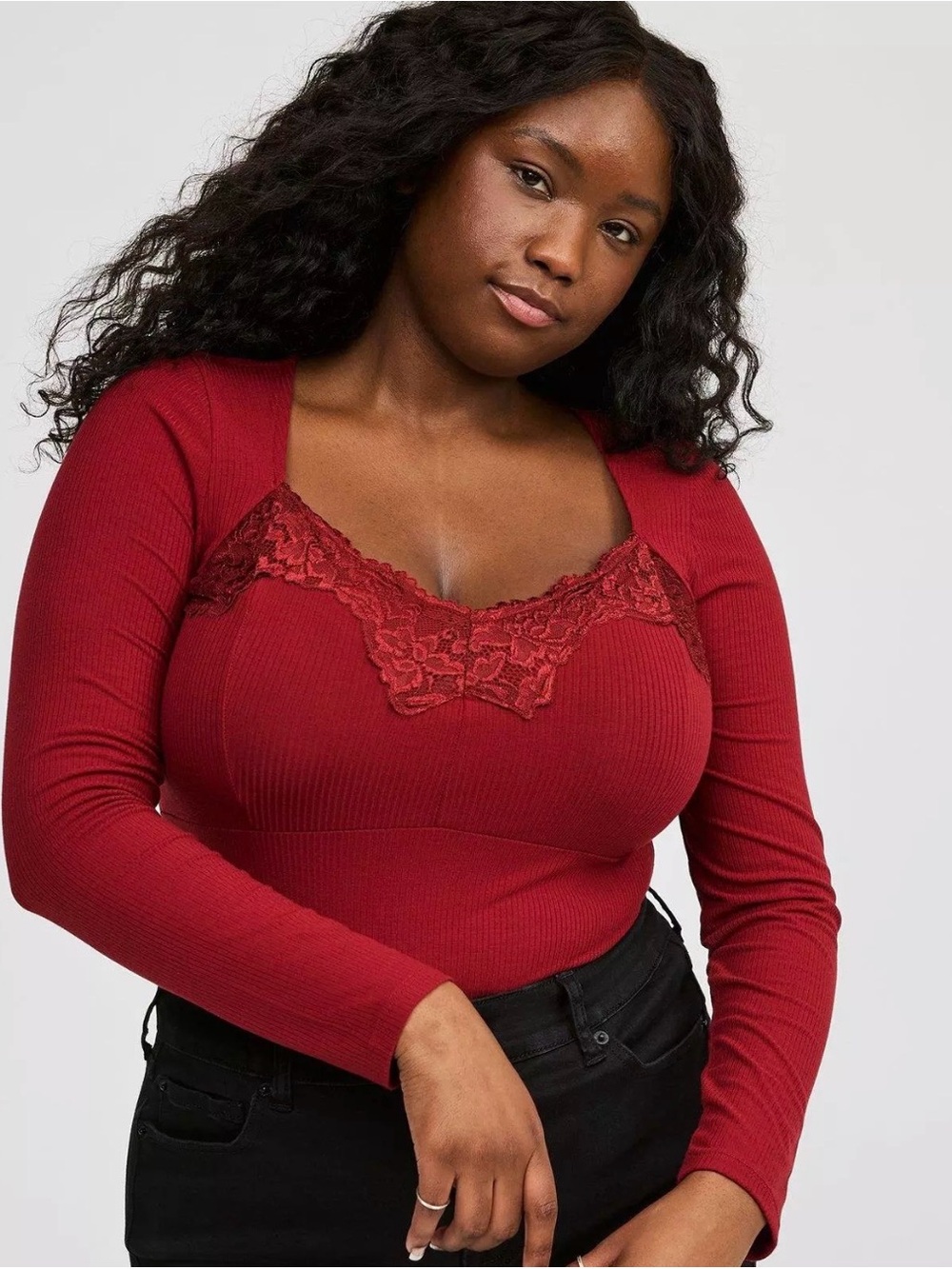 torrid Burgundy Lace Trim Long Sleeve Top